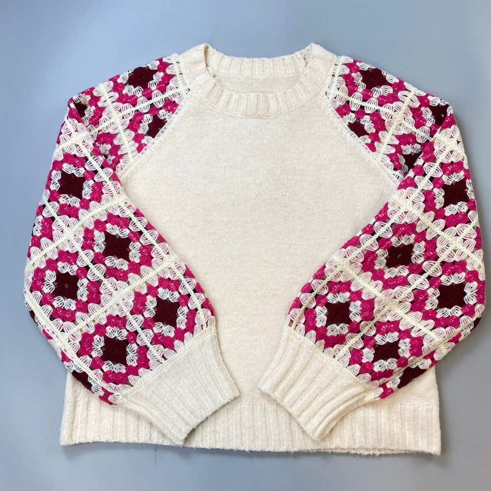 Crochet Sweater Womens Small Cream Pink Granny Square Grandmacore Boho Cottage